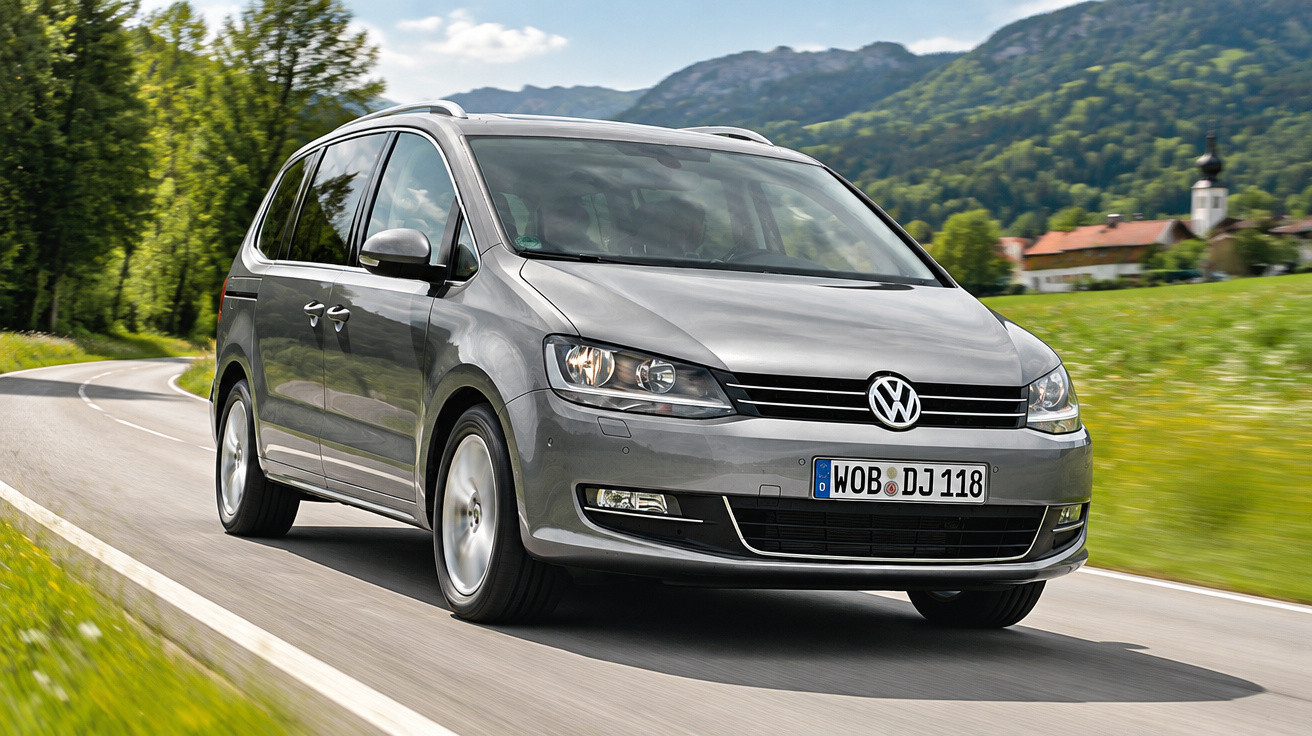Grey Volkswagen MPV driving on a country road with green fields and hills in the background.