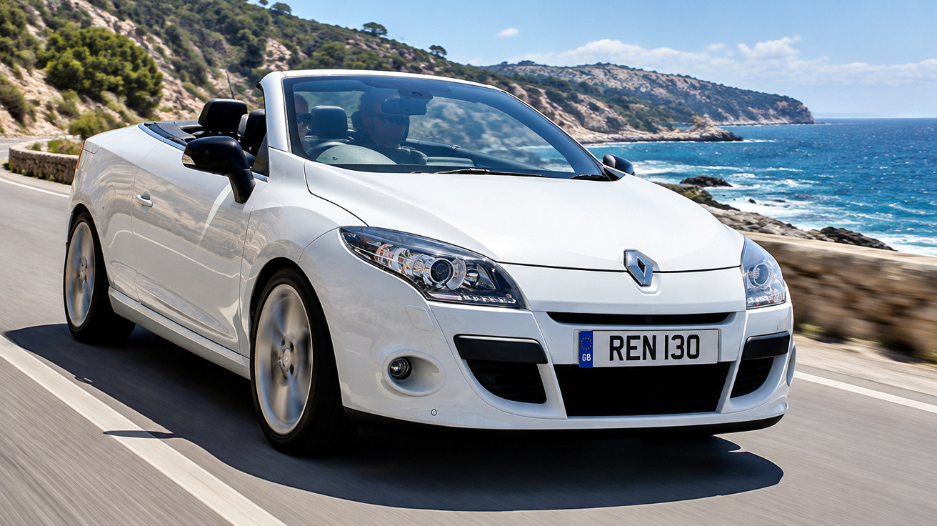 White Renault convertible driving along a coastal road with blue sea and rocky cliffs in the background.