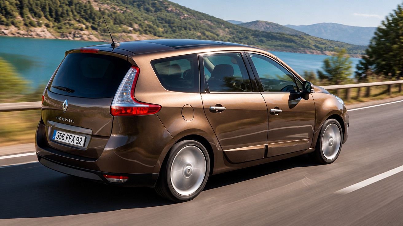 Brown Renault Scenic driving on a road alongside a lake with hills and trees in the background.