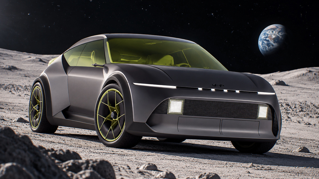 Futuristic electric car with yellow-tinted windows parked on a lunar surface with Earth in the background.