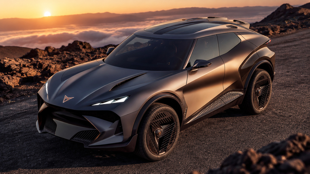 Futuristic matte black SUV parked on a rocky road at sunset with hills and clouds in the background.