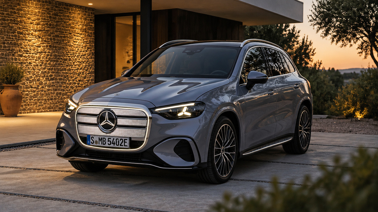 Grey Mercedes-Benz electric SUV parked outside modern house at dusk with headlights on and illuminated grille.