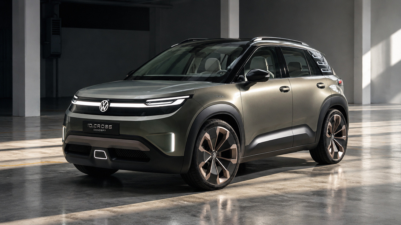 Grey Volkswagen ID. Cross Concept electric SUV parked indoors with sunlight casting shadows on the floor.