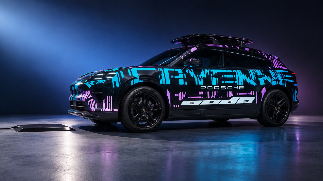 Black Porsche SUV with blue and pink digital camouflage design in a dark studio setting with reflective floor.