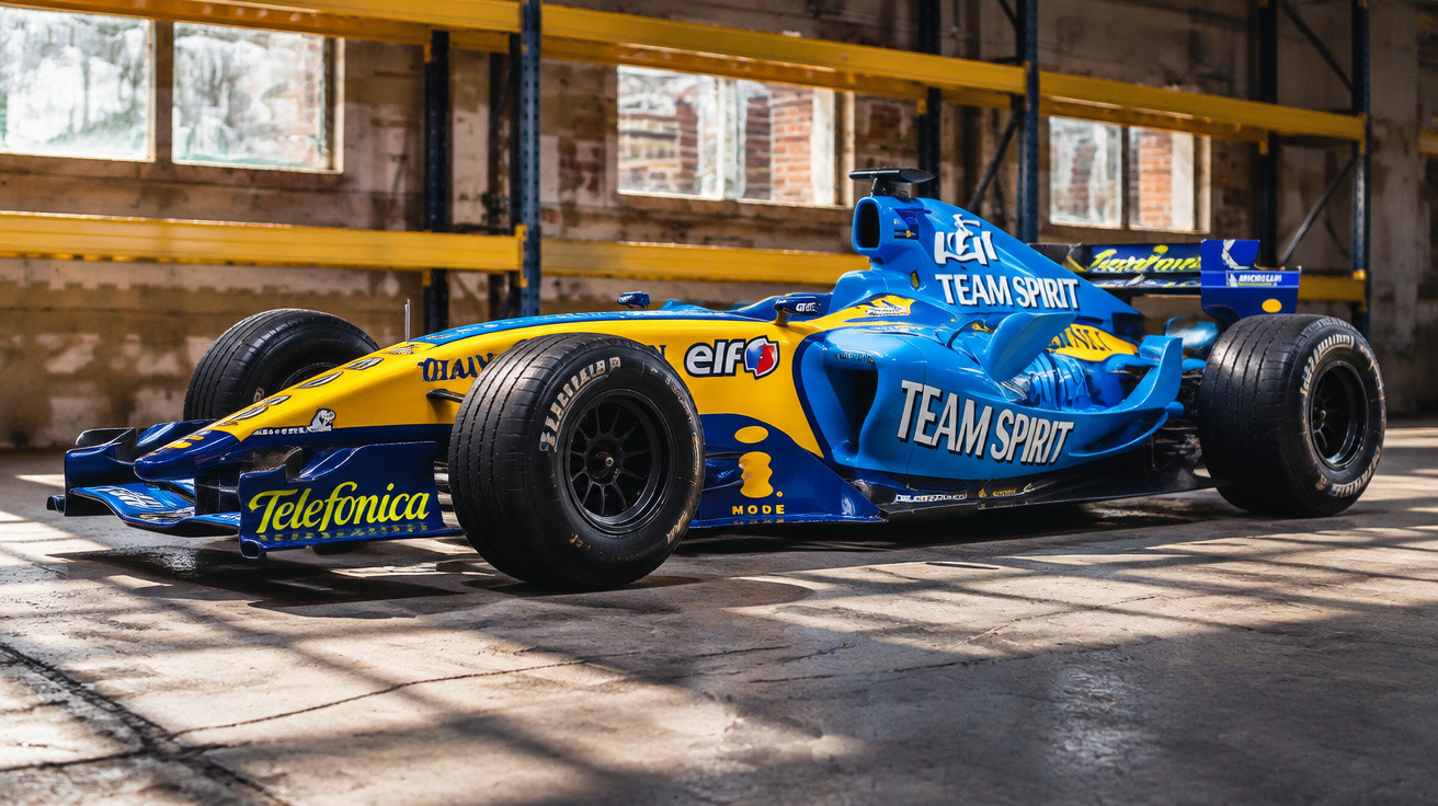 Blue and yellow classic Formula 1 racing car with Team Spirit branding in a sunlit industrial garage.