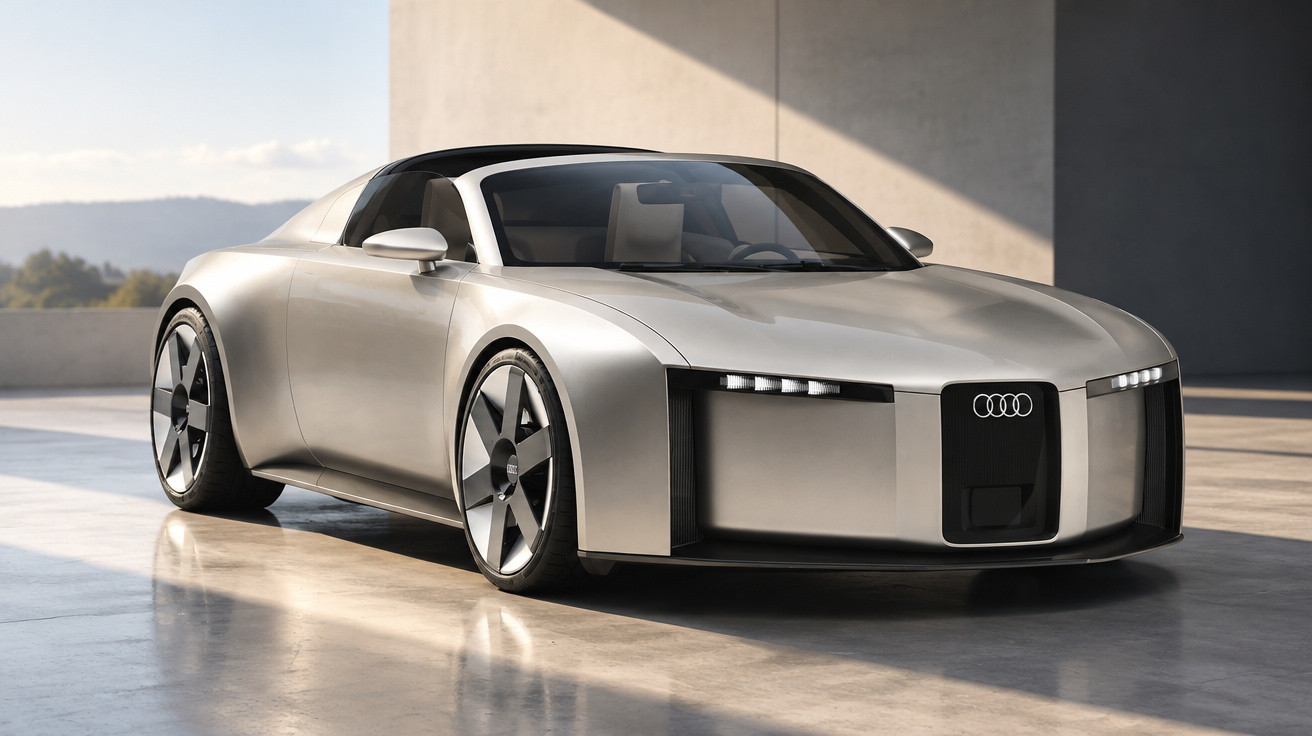 Silver Audi concept car with sleek, futuristic design parked in a modern, minimalist setting.