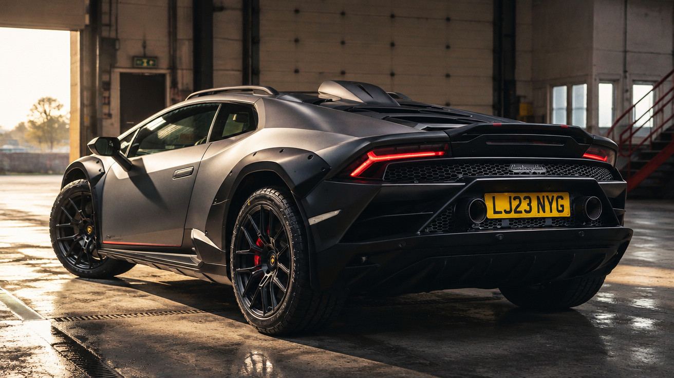 Matte black Lamborghini Huracán with wide fenders parked inside an industrial garage at sunset.