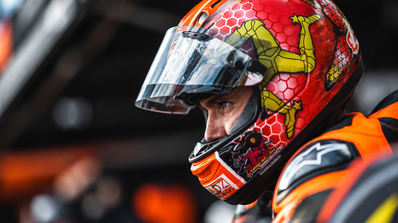 Close-up of a race car driver wearing a red helmet with yellow designs and an orange racing suit.