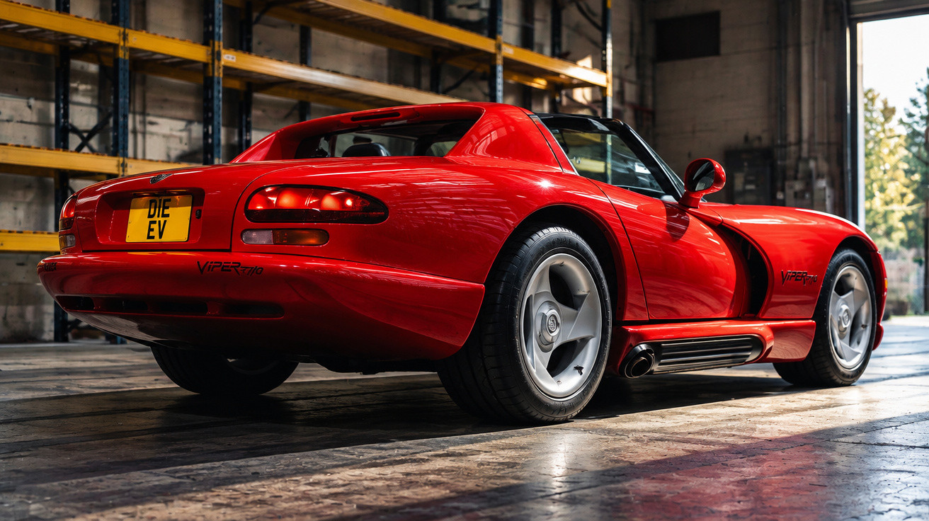 Red Dodge Viper sports car parked inside an industrial warehouse with sunlight streaming in.