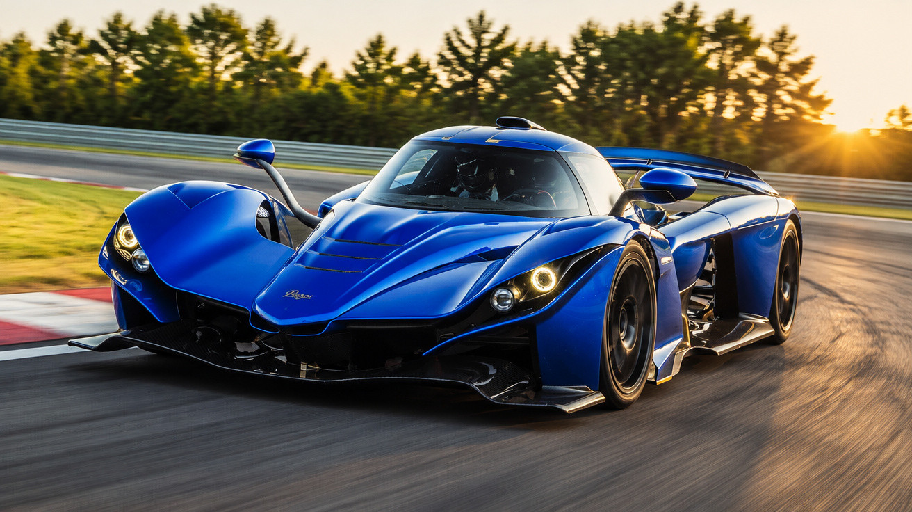 Blue high-performance sports car racing on a curved track at sunset with trees in the background.