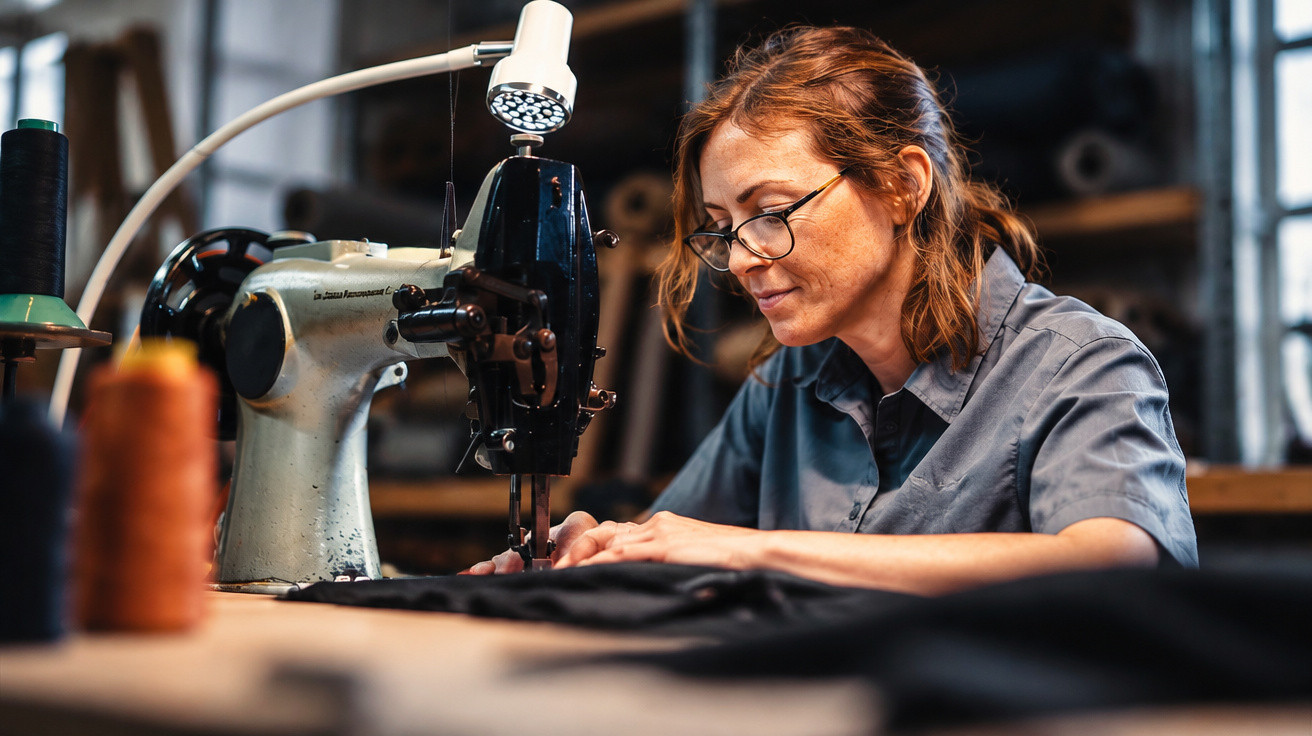 Woman with glasses sewing fabric on an industrial sewing machine in a workshop with spools of thread nearby.