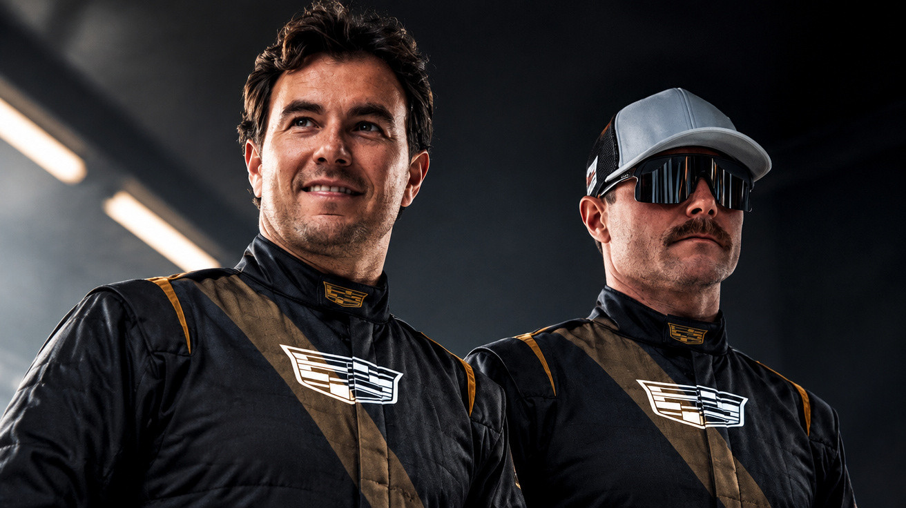 Two men in black racing suits with gold accents, one wearing reflective sunglasses and a grey cap, against a dark background.