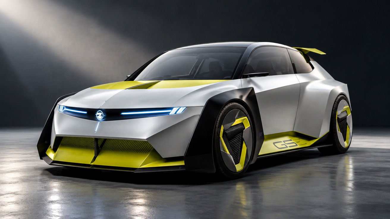 Futuristic silver and yellow electric sports car with sleek aerodynamic design and blue LED headlights.