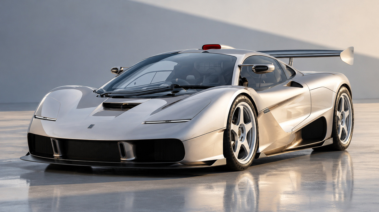 Silver sports car with aerodynamic design and rear spoiler parked on reflective surface.