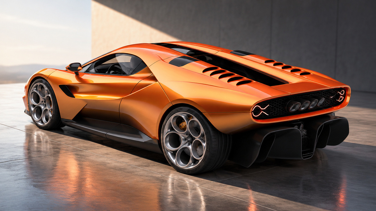 Sleek orange sports car with black racing stripes parked in a modern garage, reflecting on the polished floor.
