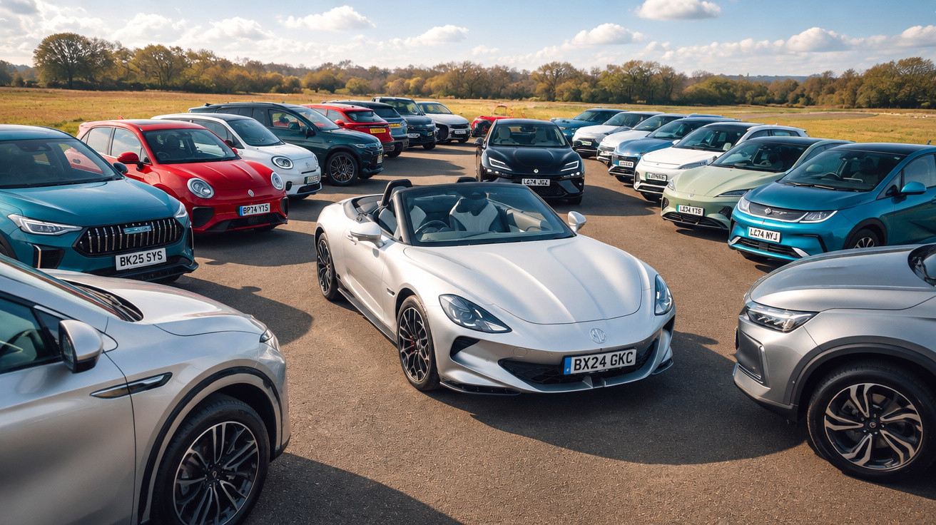 Silver convertible sports car surrounded by various parked cars in a sunny outdoor lot with trees in the background