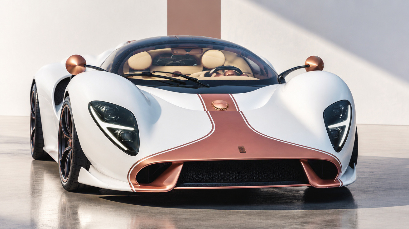 Front view of a sleek white and copper luxury sports car with aerodynamic curves and distinctive headlights.