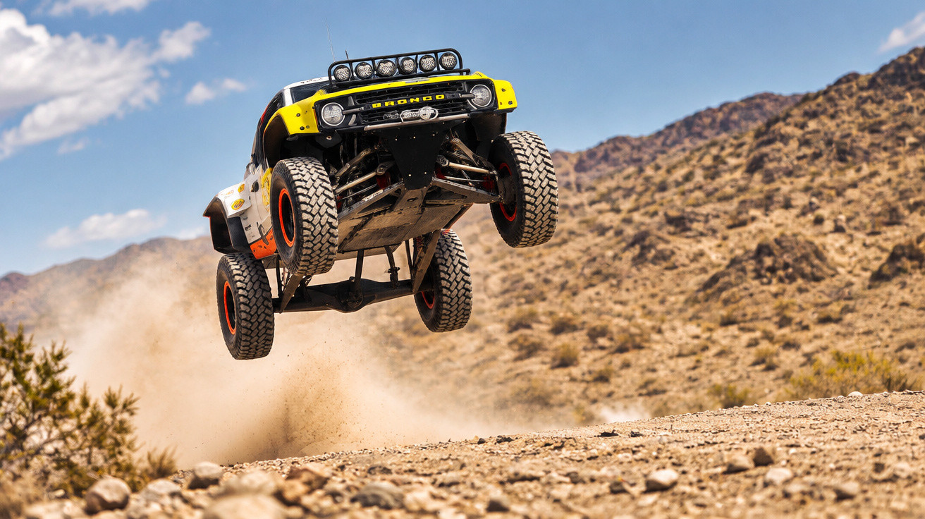 Yellow and white off-road truck jumping over a dusty desert trail with rocky hills in the background.