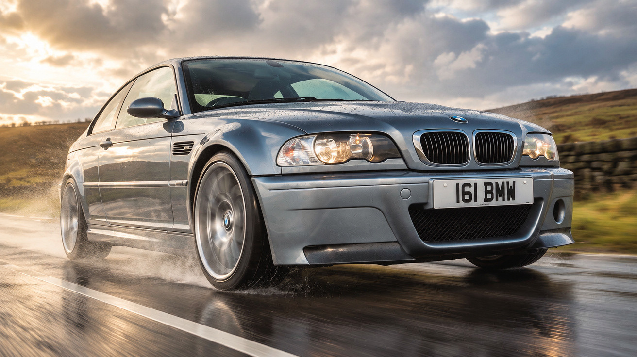 Silver BMW coupe driving on wet road with cloudy sky and hills in the background at sunset.