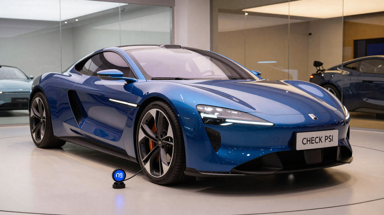 Sleek blue sports car inside showroom with a digital tyre pressure gauge reading 179 beside front left wheel.
