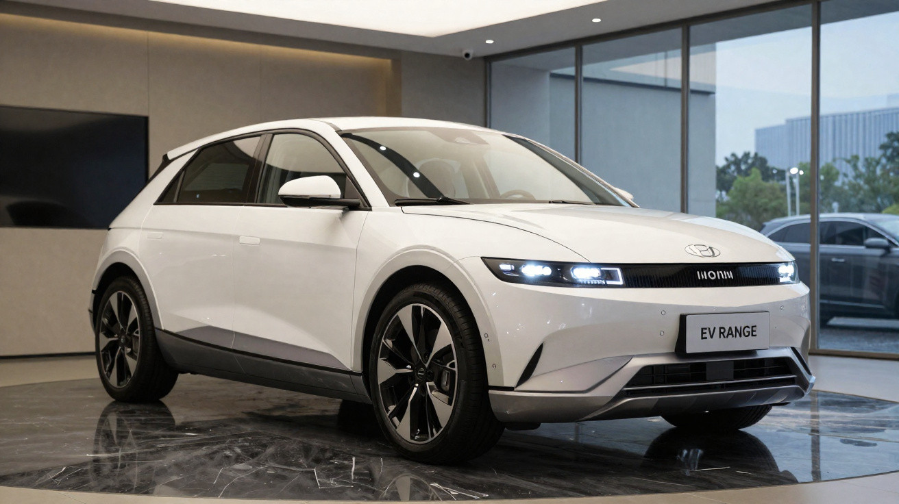 White Hyundai Ioniq 5 electric car displayed indoors with headlights on and EV RANGE plate.