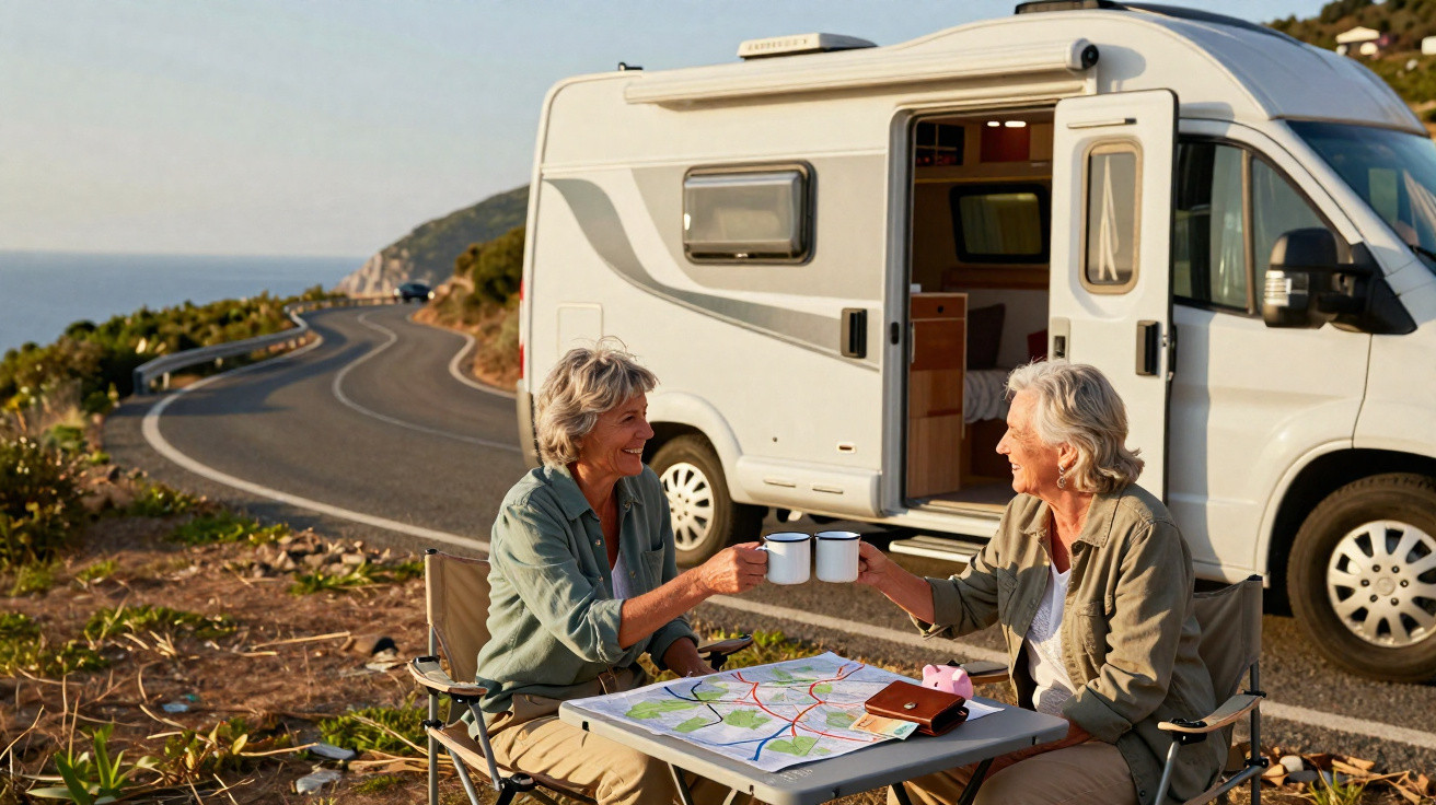 Two elderly women sitting by a campervan toasting mugs beside a coastal road with a map on the table.