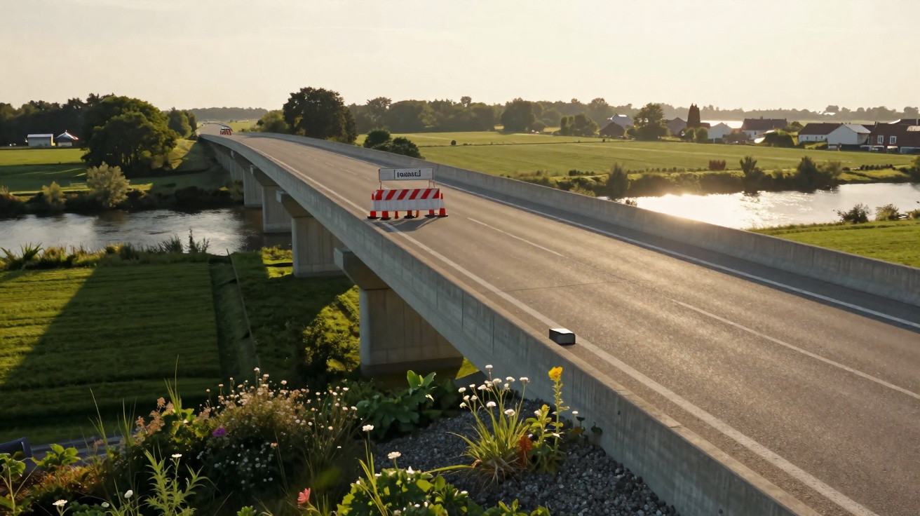 Empty bridge over river with roadblock and countryside landscape in warm sunlight