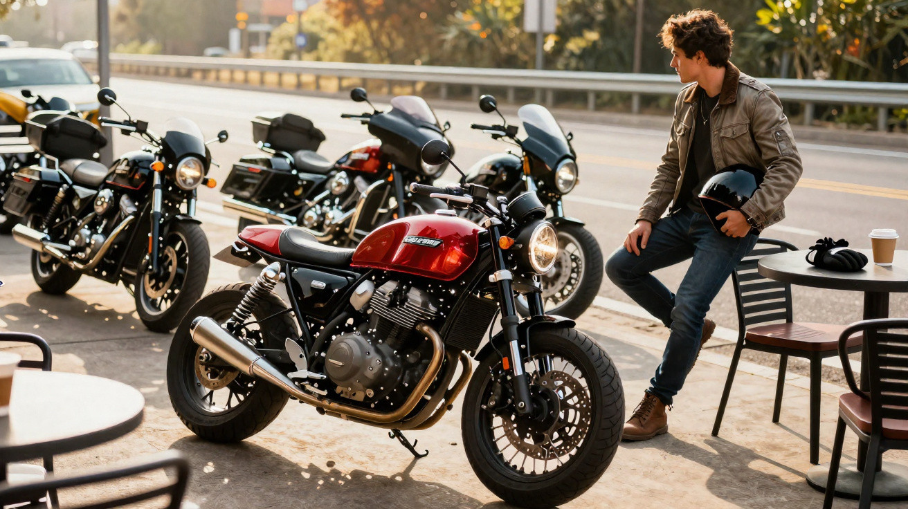 Man holding a helmet sitting by table near red motorcycle parked on roadside with other bikes in background.