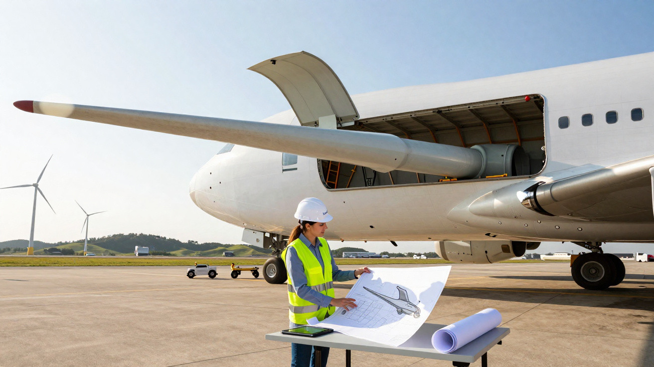 Engineer in high-visibility vest and helmet reviewing airplane design plans near open aircraft cargo door on runway.