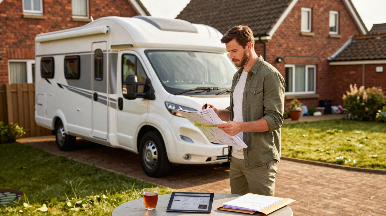 Man holding a map standing in a driveway by a camper van with a tablet and drink on a table nearby.