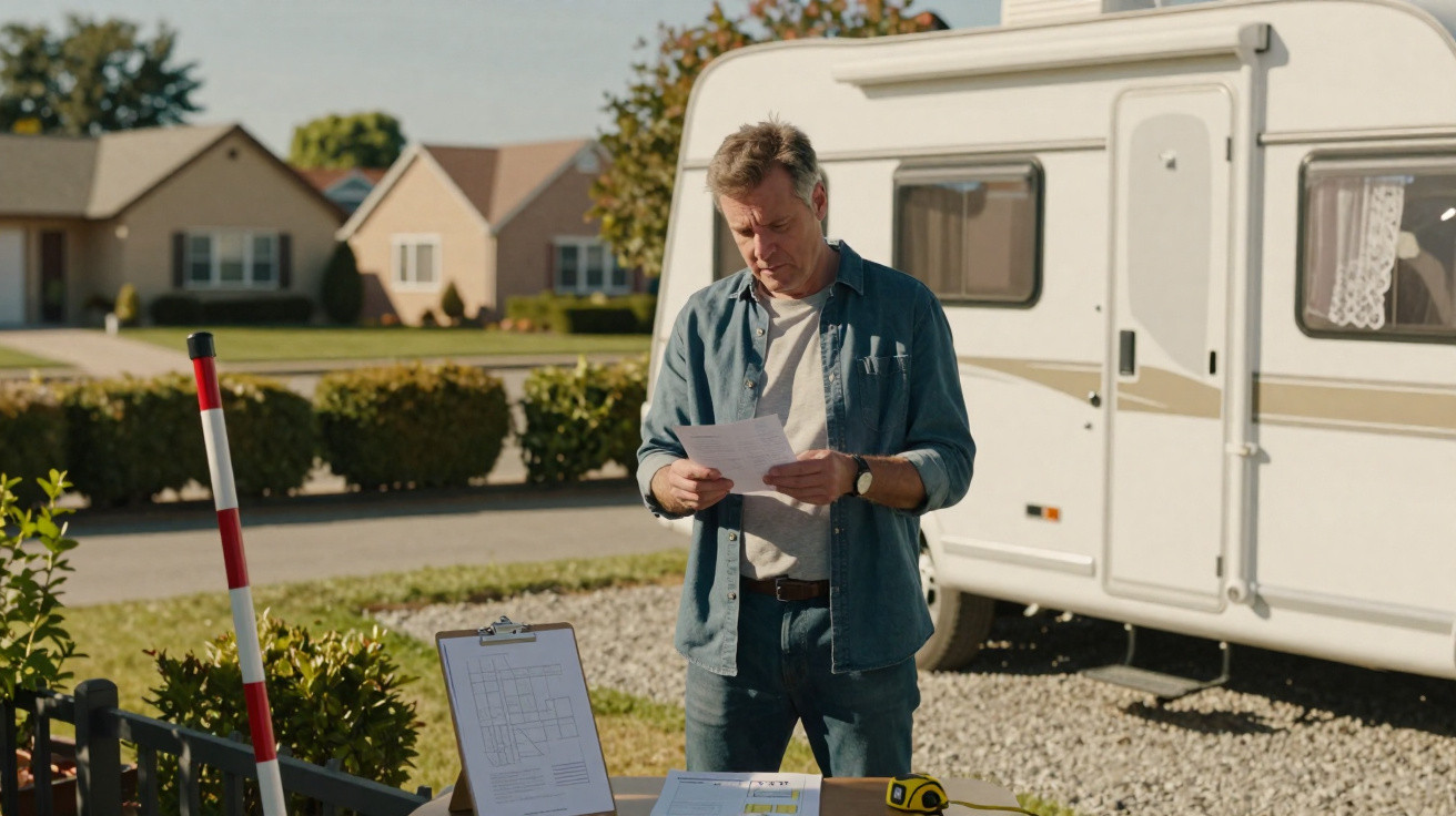 Man reading a document outside near a caravan with houses and a clipboard in the background