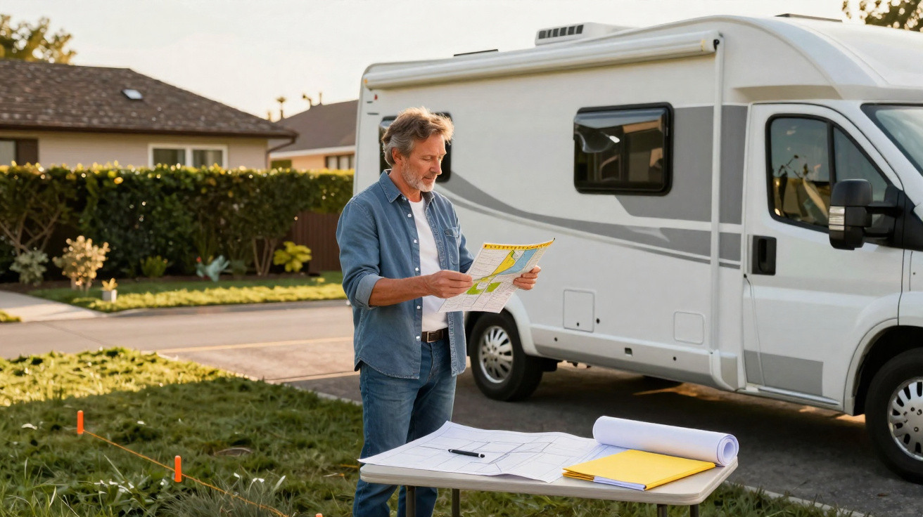 Middle-aged man standing by a camper van reading a map next to a table with blueprints and notes outdoors.
