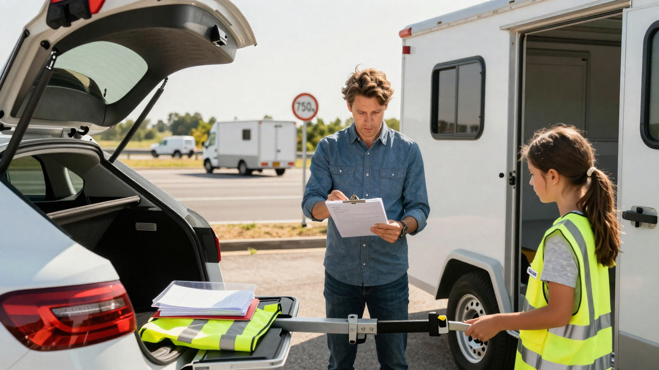 A man checks paperwork while a girl in a safety vest adjusts a tow hitch between a car and a trailer.