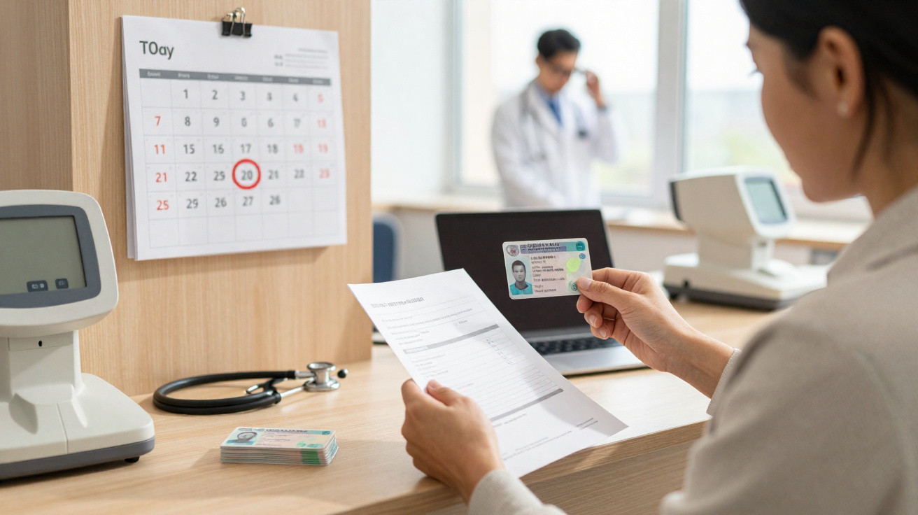 Patient holding an ID card and form at a medical reception desk with a doctor blurred in the background.