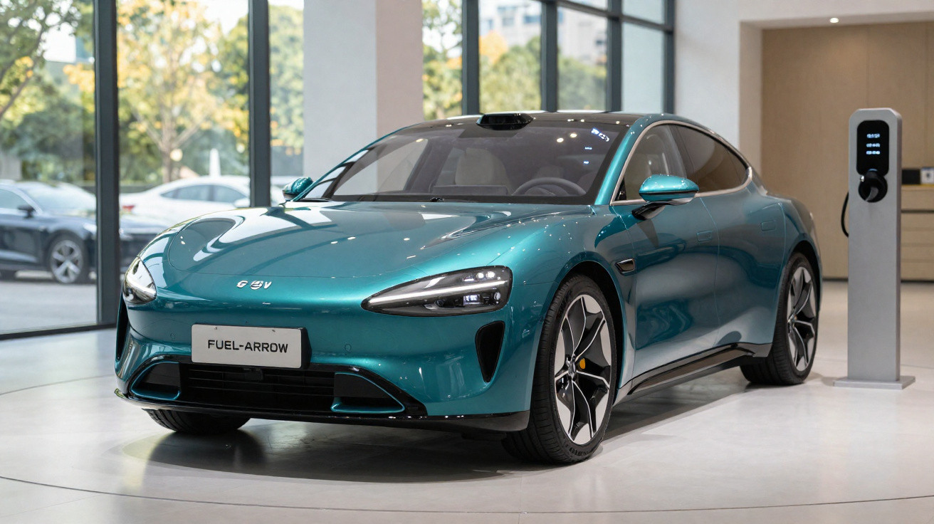 Sleek turquoise electric car parked indoors next to a charging station by large glass windows.