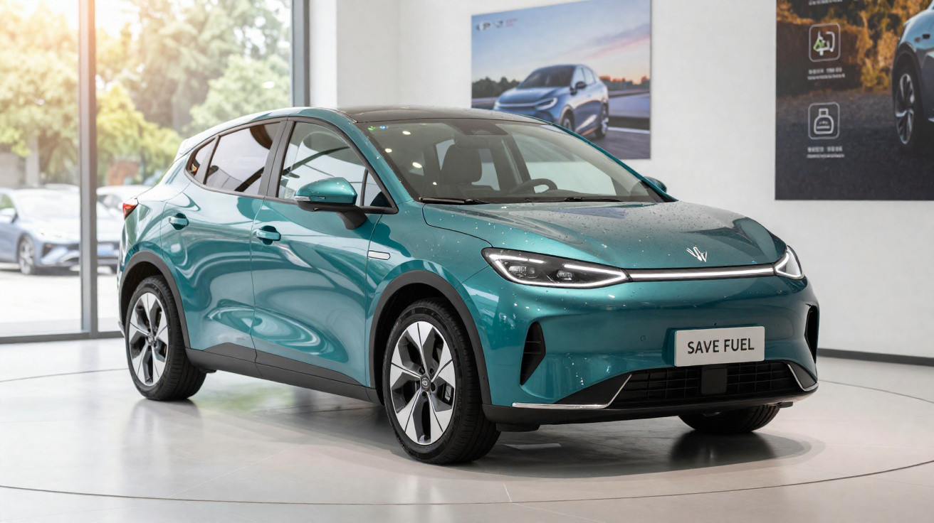 Sleek teal electric car displayed indoors with 'SAVE FUEL' plate, modern design and large windows behind.