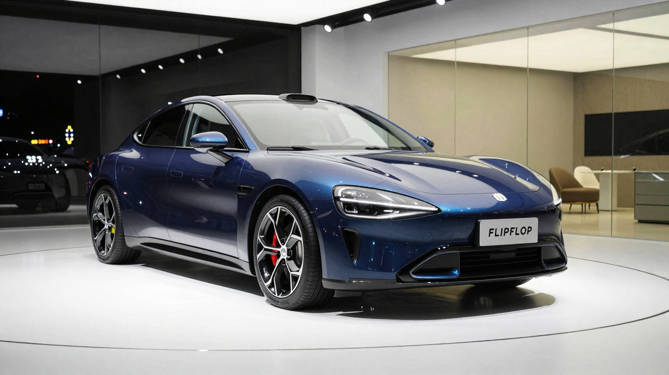 Blue luxury electric sedan with sleek design displayed in modern showroom on rotating platform.