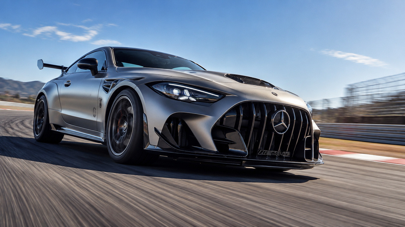 Grey Mercedes-AMG sports car speeding on a racetrack under a clear blue sky.