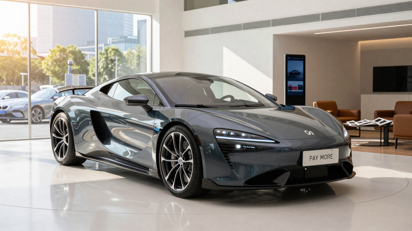 Sleek dark grey sports car with futuristic headlights displayed in a modern showroom with large windows.