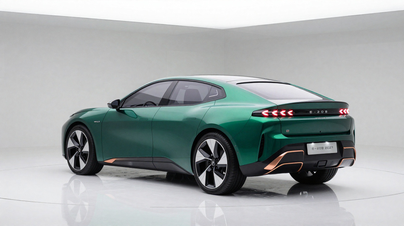 Green sleek electric sedan in a white studio, showcasing modern design and distinctive rear tail lights.