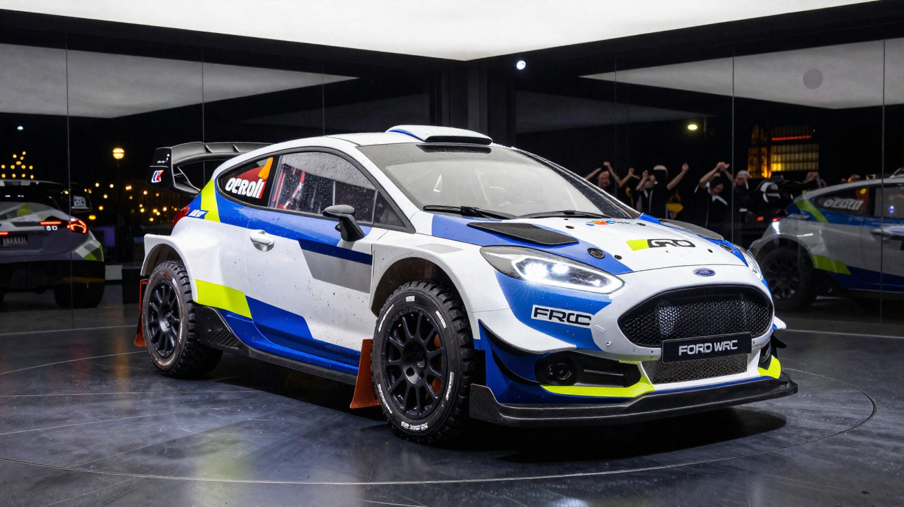 White, blue, and yellow Ford WRC rally car on display indoors with reflective black walls and people in the background.