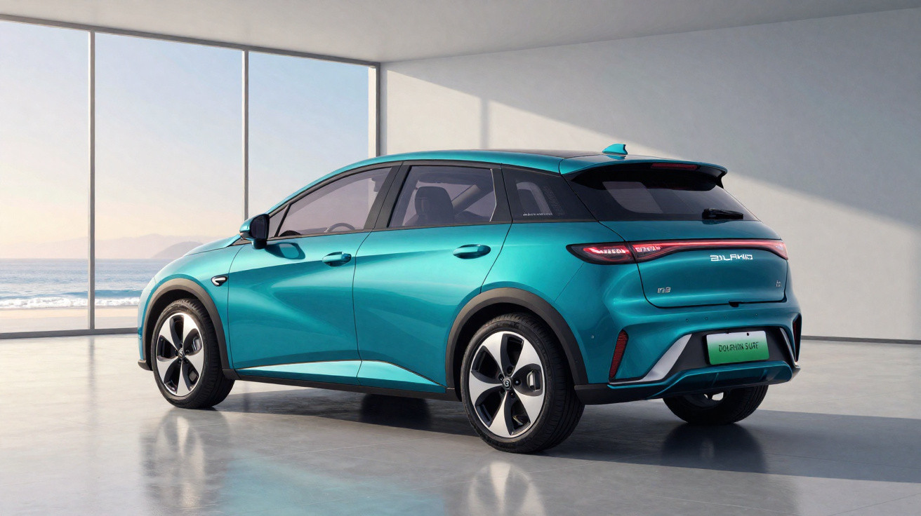 Turquoise electric hatchback parked inside a minimalist room with large windows showing a seaside view.