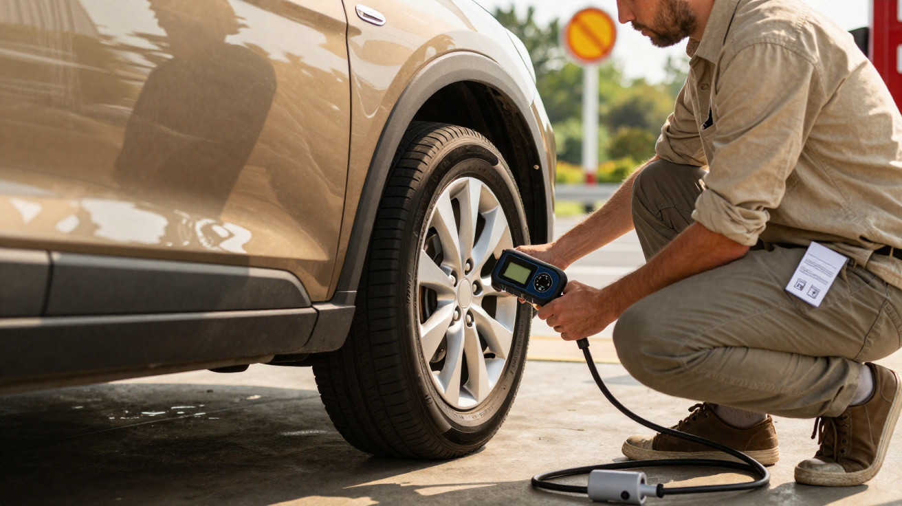 Man checking car tyre pressure with a digital gauge on a beige SUV at a petrol station.