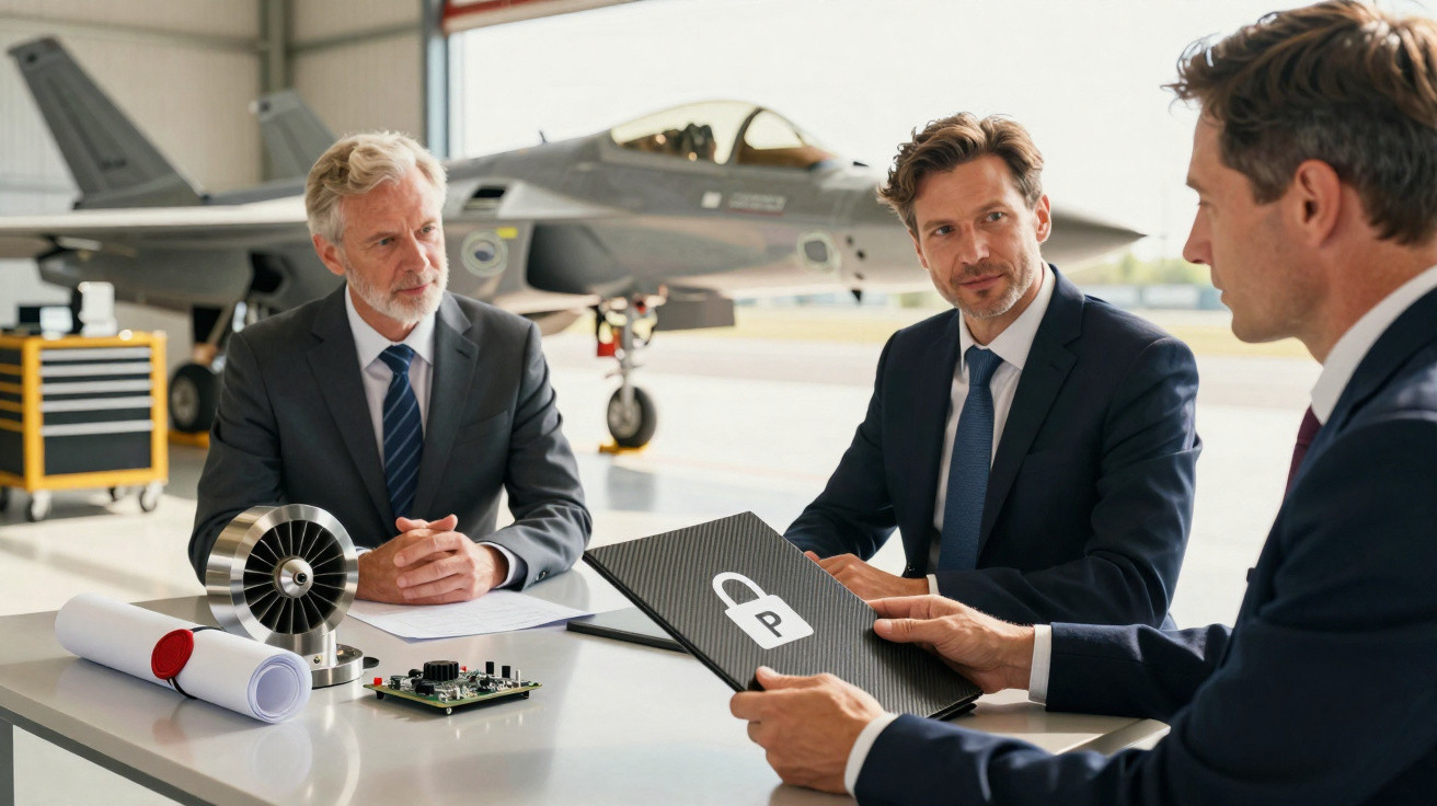 Three businessmen in suits discussing a project with aircraft and technical parts in an aircraft hangar.