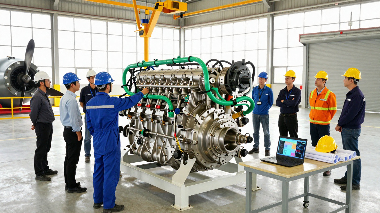 Engineers in safety helmets examine a large aircraft engine in a bright industrial workshop.