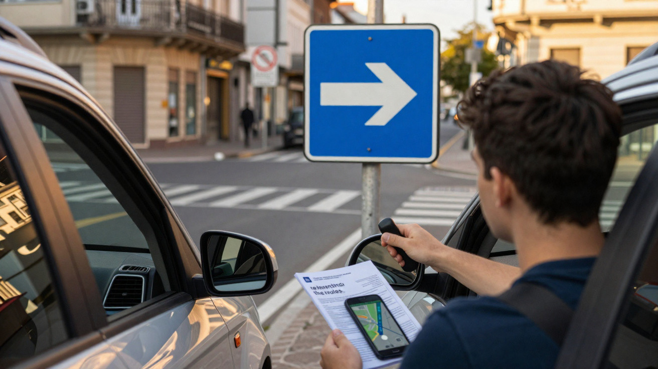 Person holding navigation map and smartphone at a junction with a blue right turn traffic sign.