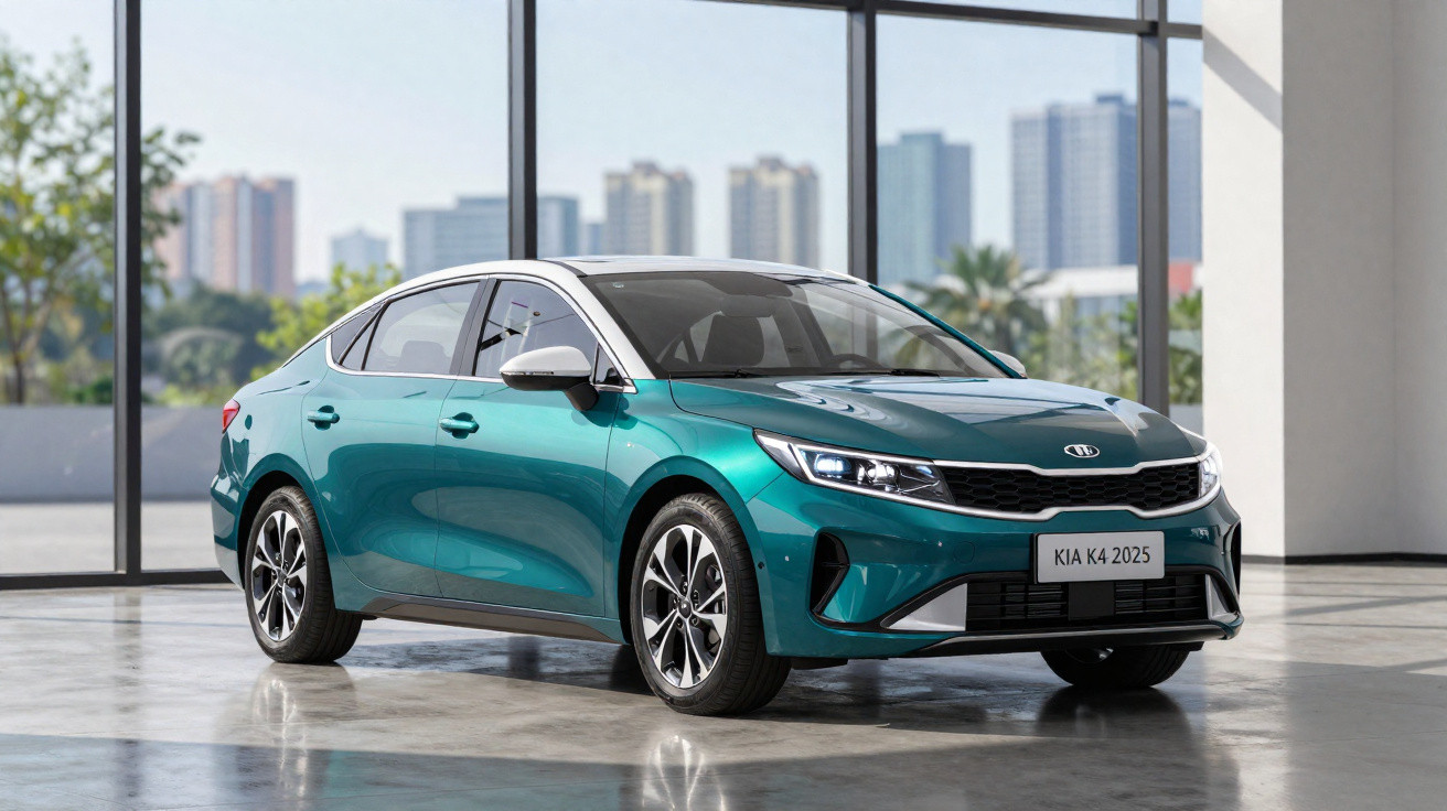 2025 teal Kia K4 sedan showcased indoors with a city skyline visible through large windows.