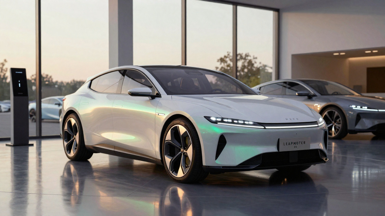 Silver electric Leapmotor car parked indoors near a window with another car in the background.