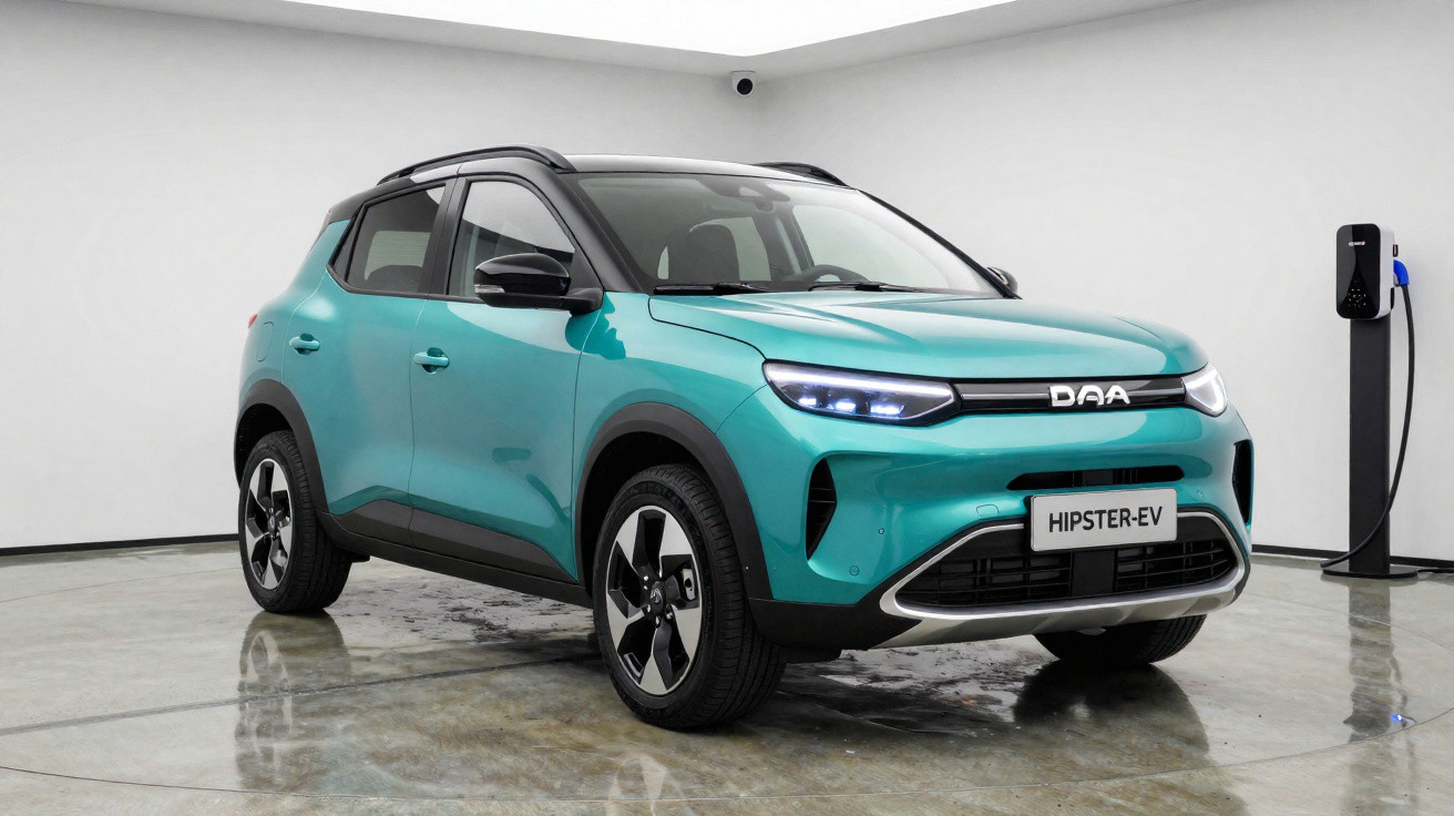 Turquoise DAA Hipster-EV electric SUV parked indoors near a charging station on a polished floor.