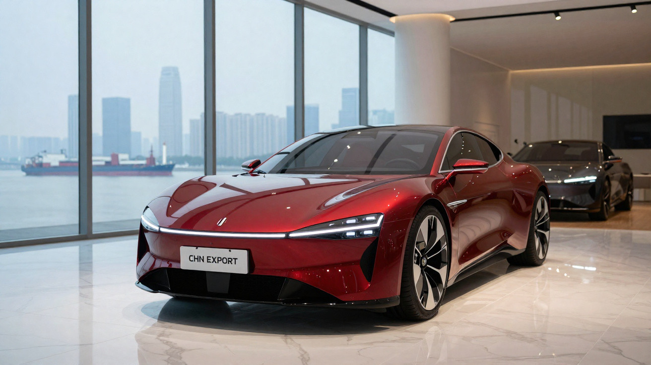 Red sleek electric sports car displayed indoors with large windows showing city skyline and ship in background.